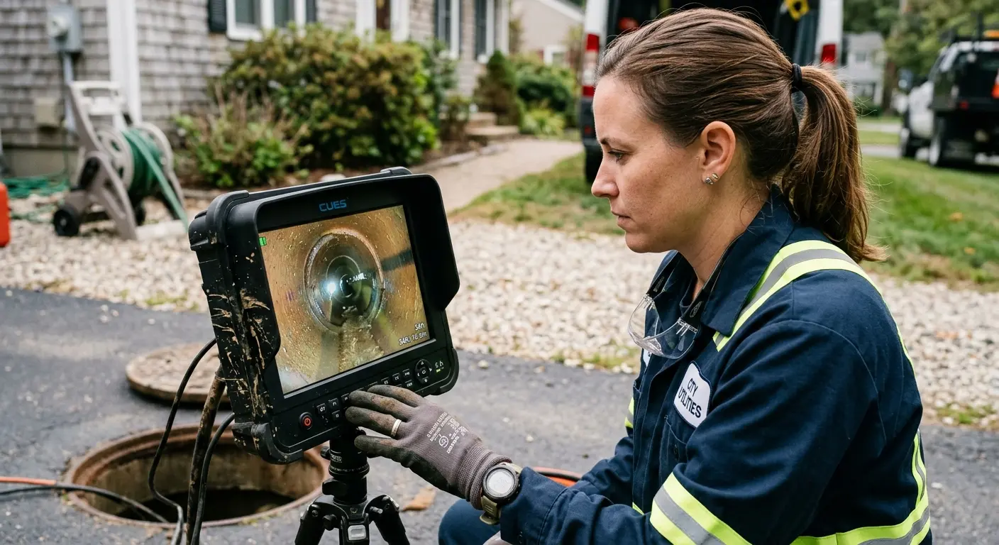 Technician reviewing sewer camera inspection footage in Golden