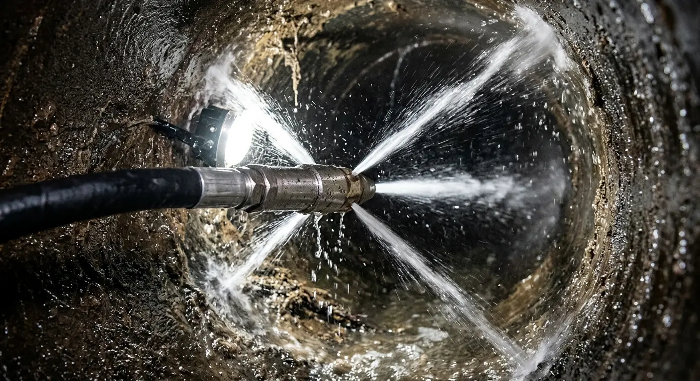 High-pressure hydro jetting nozzle cleaning sewer pipe for Trenchless Sewer Repair in Golden