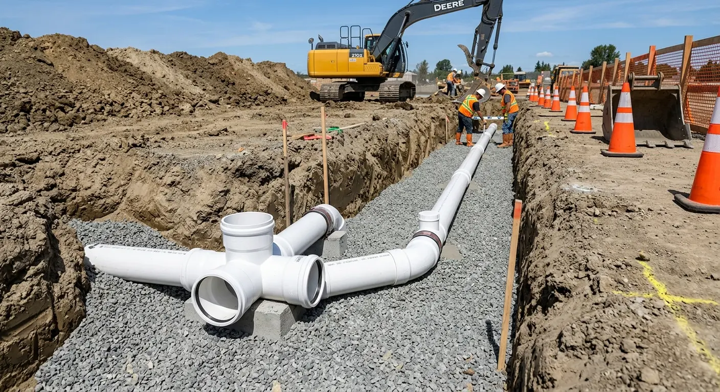 New PVC sewer pipe installation in open trench for Commercial Drain Cleaning in Golden