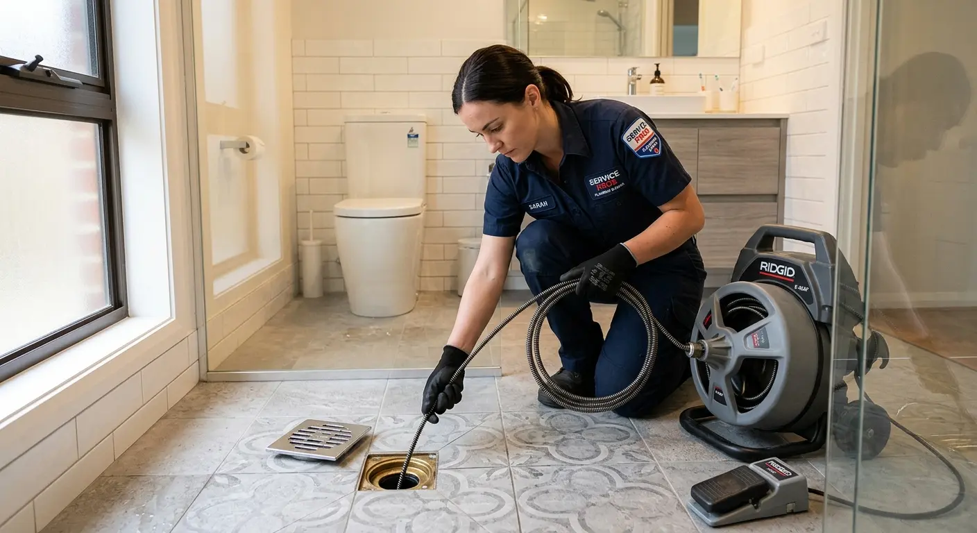 Technician clearing a bathroom floor drain for Hydro Jetting in Golden